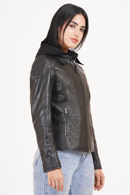 100% Washed Leather Detachable hood Jacket | WX47