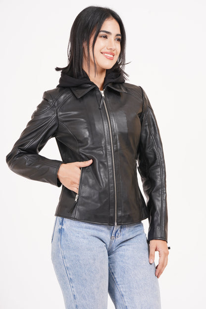100% Washed Leather Detachable hood Jacket | WX47