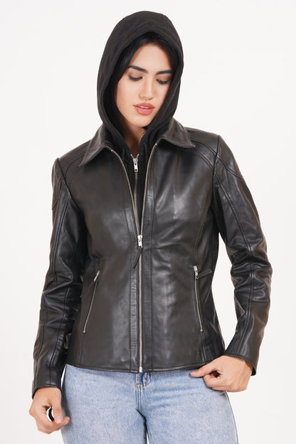 100% Washed Leather Detachable hood Jacket | WX47