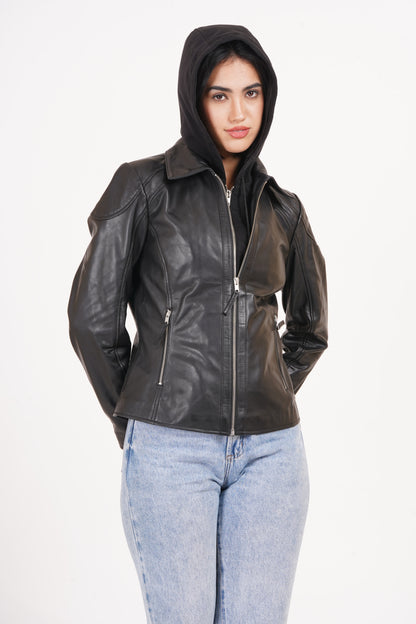 100% Washed Leather Detachable hood Jacket | WX47