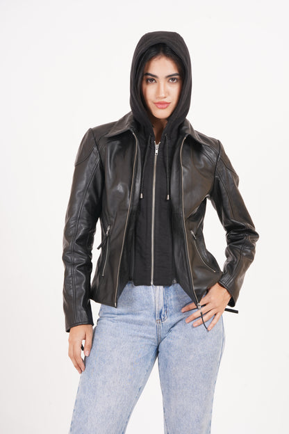 100% Washed Leather Detachable hood Jacket | WX47
