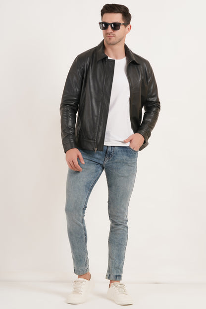 100% Leather Men's Harrington Collar Jacket | MX58