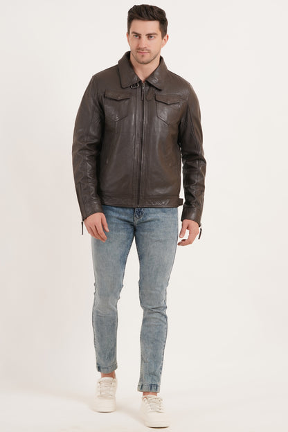 100% HEAVY WASHED SILVY COLLAR JACKET - BROWN | MX 92 |