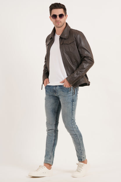 100% HEAVY WASHED SILVY COLLAR JACKET - BROWN | MX 92 |