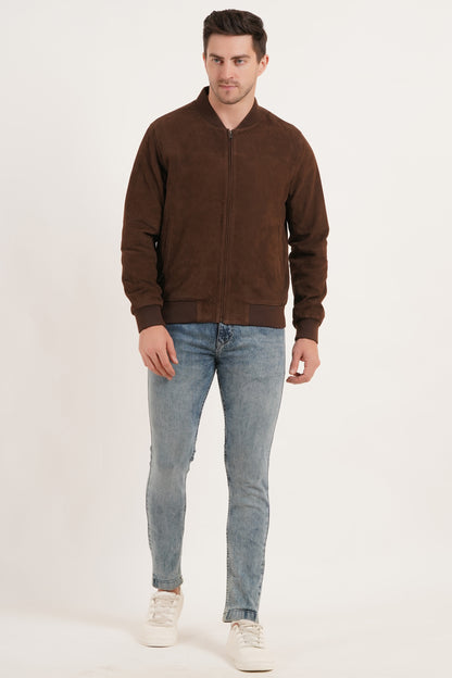 100% Suede Leather Bomber Jacket - Brown | MX91