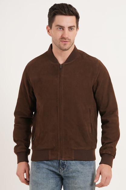 100% Suede Leather Bomber Jacket - Brown | MX91