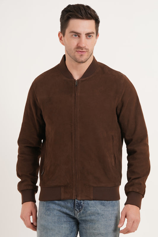 100% Suede Leather Bomber Jacket - Brown | MX91