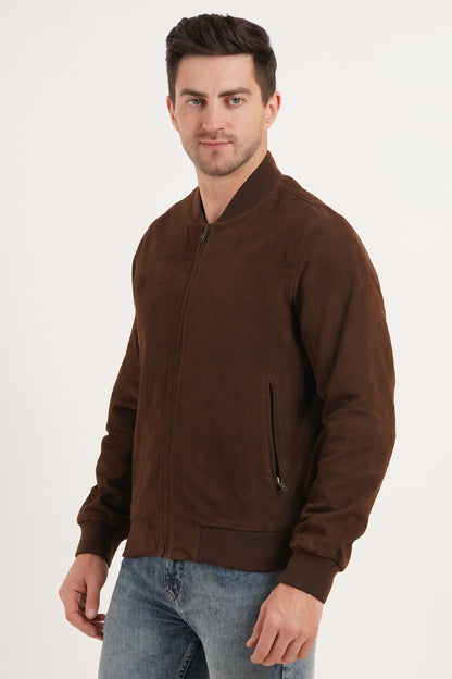 100% Suede Leather Bomber Jacket - Brown | MX91
