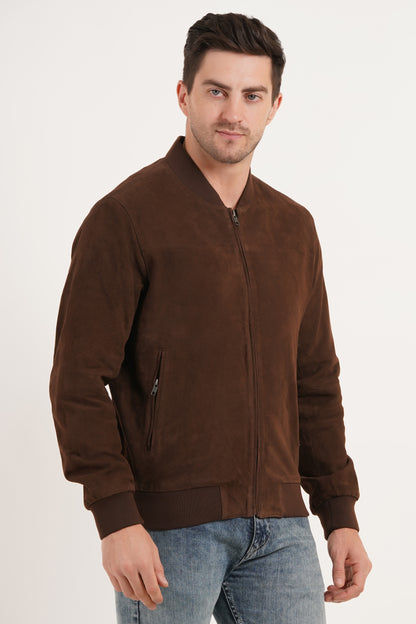 100% Suede Leather Bomber Jacket - Brown | MX91