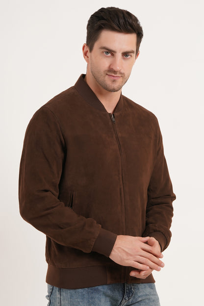 100% Suede Leather Bomber Jacket - Brown | MX91