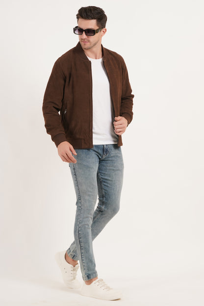 100% Suede Leather Bomber Jacket - Brown | MX91