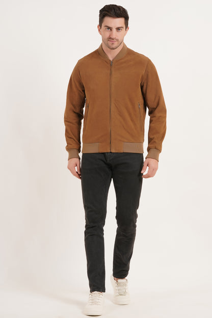 100% Suede Leather Bomber Jacket  - Cognac | MX91