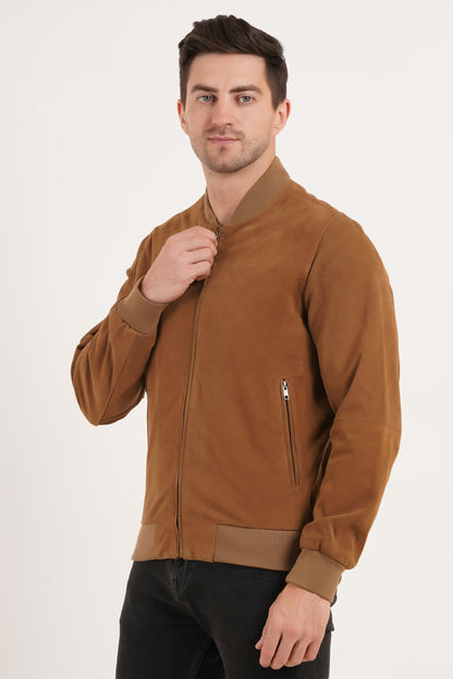 100% Suede Leather Bomber Jacket  - Cognac | MX91