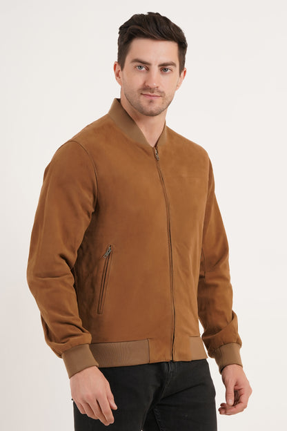 100% Suede Leather Bomber Jacket  - Cognac | MX91