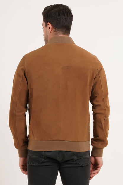 100% Suede Leather Bomber Jacket  - Cognac | MX91