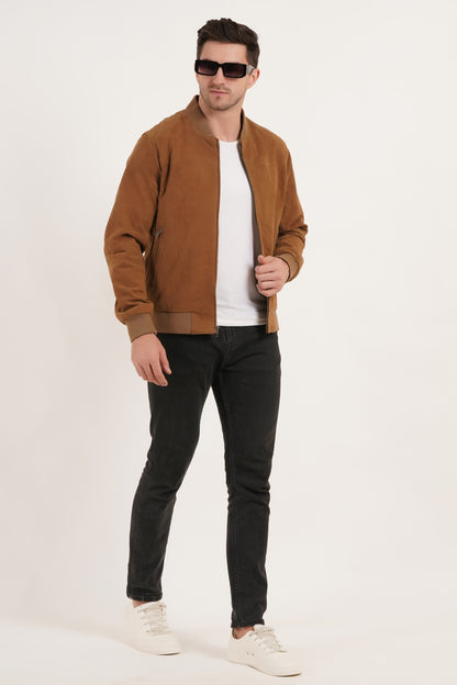 100% Suede Leather Bomber Jacket  - Cognac | MX91