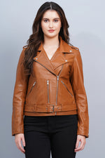 100% Leather Motorcycle Jacket - Cognac | WX114