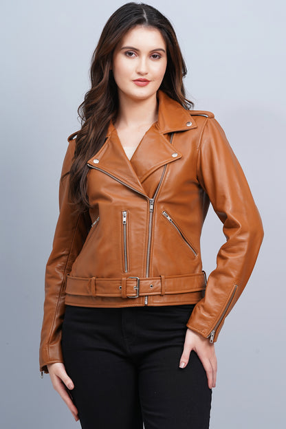 100% Leather Motorcycle Jacket - Cognac | WX114