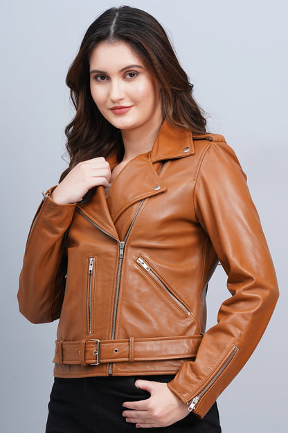 100% Leather Motorcycle Jacket - Cognac | WX114