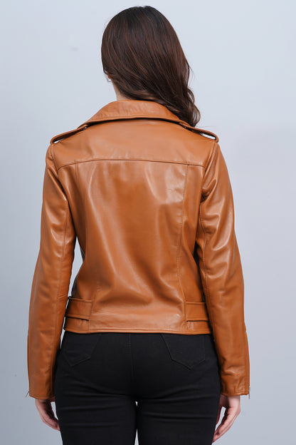 100% Leather Motorcycle Jacket - Cognac | WX114