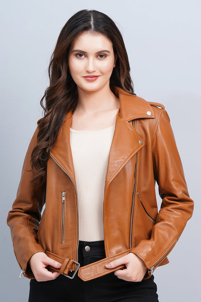 100% Leather Motorcycle Jacket - Cognac | WX114