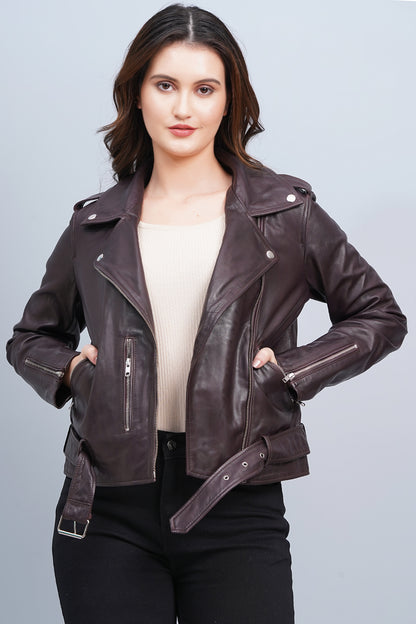 100% Leather Motorcycle Flap Pocket Jacket - Burgundy | WX114