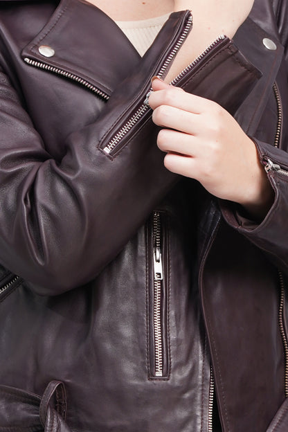 100% Leather Motorcycle Flap Pocket Jacket - Burgundy | WX114