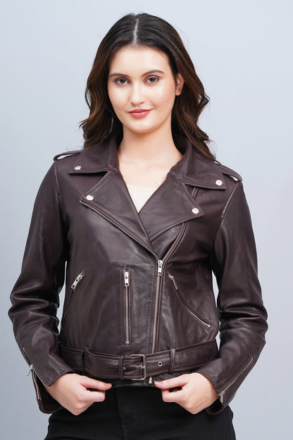 100% Leather Motorcycle Flap Pocket Jacket - Burgundy | WX114