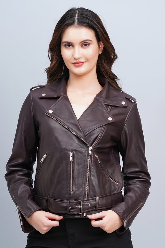 100% Leather Motorcycle Flap Pocket Jacket - Burgundy | WX114
