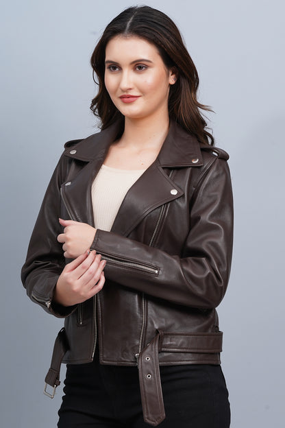 100%  Leather Motorcycle Flap Pocket Jacket - Brown | WX114