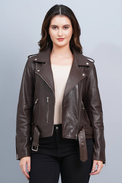 100%  Leather Motorcycle Flap Pocket Jacket - Brown | WX114