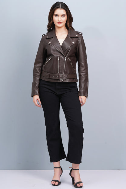 100%  Leather Motorcycle Flap Pocket Jacket - Brown | WX114