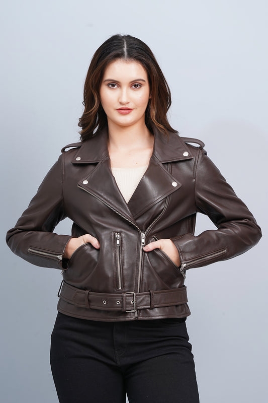 100%  Leather Motorcycle Flap Pocket Jacket - Brown | WX114