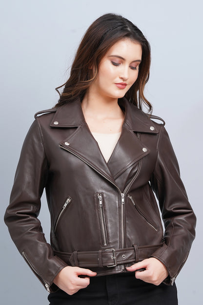 100%  Leather Motorcycle Flap Pocket Jacket - Brown | WX114