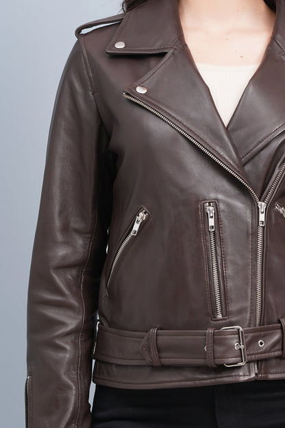 100%  Leather Motorcycle Flap Pocket Jacket - Brown | WX114