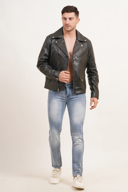 100%  Leather Motorcycle Flap Pocket Jacket | MX52