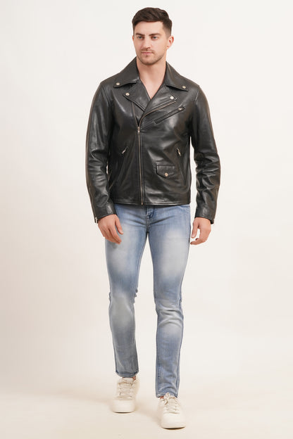 100%  Leather Motorcycle Flap Pocket Jacket | MX52