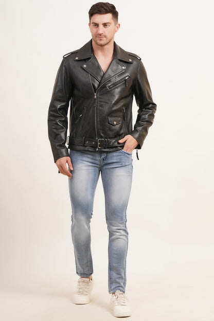 100% Leather Belt Biker Jacket | MX39