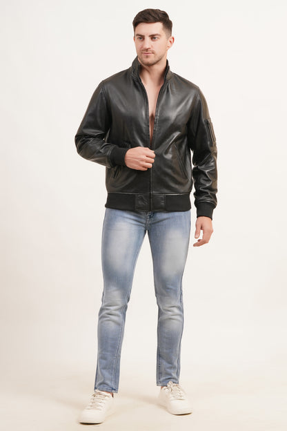 100% Washed Leather Zip Up Bomber Jacket - Black | MX80