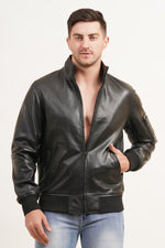 100% Washed Leather Zip Up Bomber Jacket - Black | MX80