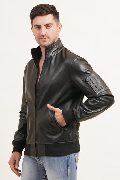 100% Washed Leather Zip Up Bomber Jacket - Black | MX80