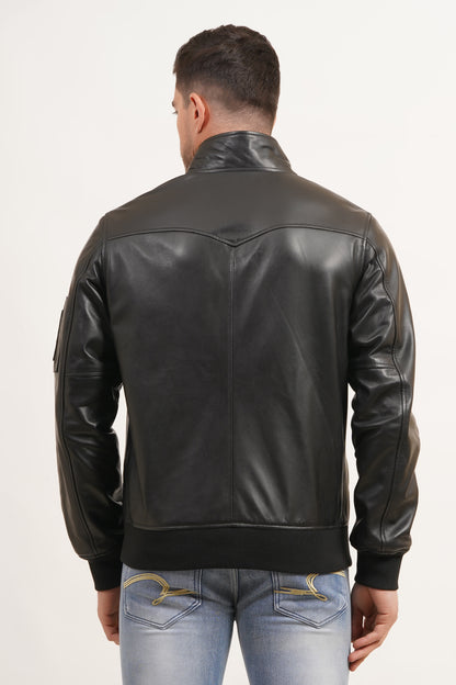100% Washed Leather Zip Up Bomber Jacket - Black | MX80