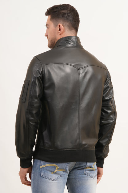 100% Washed Leather Zip Up Bomber Jacket - Black | MX80