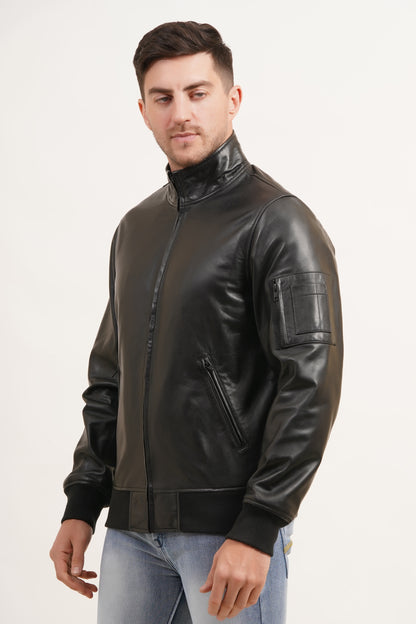 100% Washed Leather Zip Up Bomber Jacket - Black | MX80