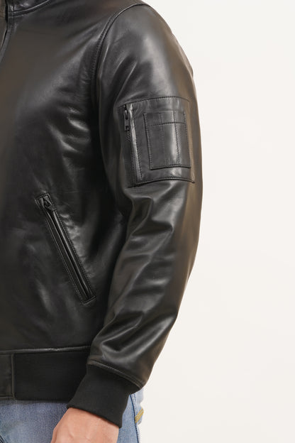 100% Washed Leather Zip Up Bomber Jacket - Black | MX80