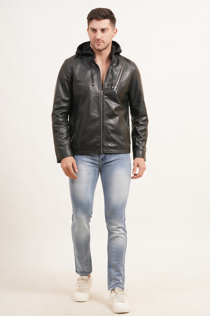 100% Leather Detachable Hood Jacket | MX45