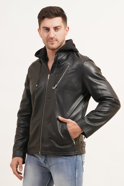 100% Leather Detachable Hood Jacket | MX45