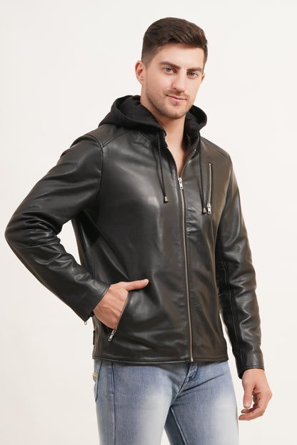 100% Leather Detachable Hood Jacket | MX45