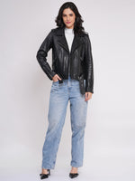 100%  Leather Motorcycle Flap Pocket Jacket - Black | WX114