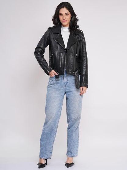 100%  Leather Motorcycle Flap Pocket Jacket - Black | WX114